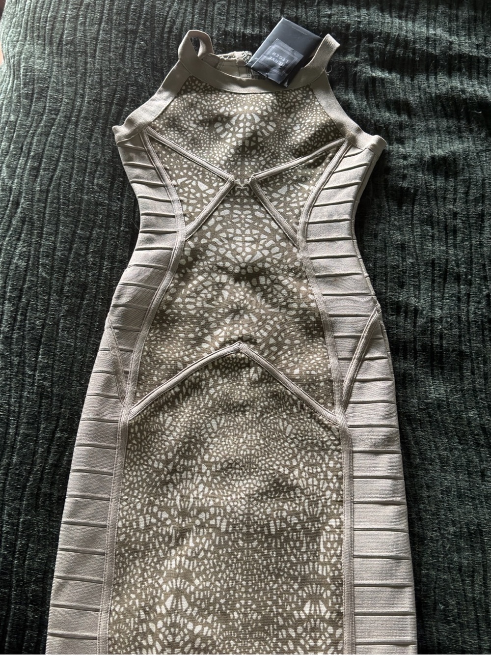 Herve Leger Taupe Patterned Bandage Halter Dress